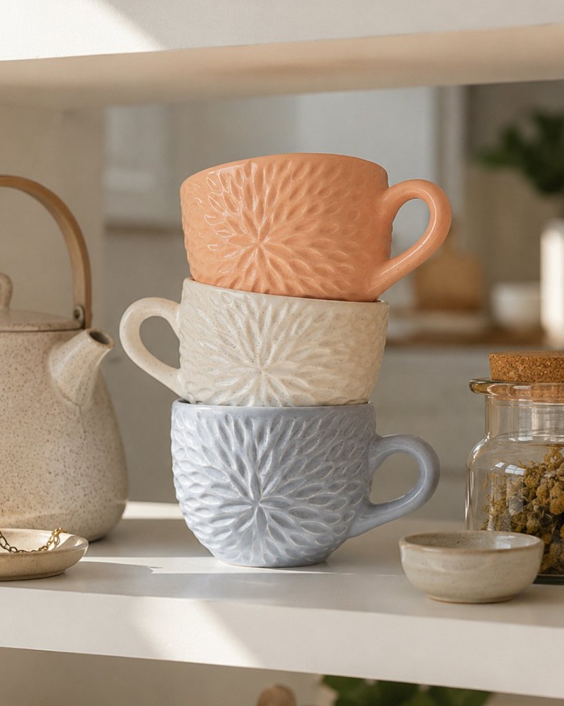 Una taza de ceramica artesanal, algo rico para acompañarla y piezas que hacen que incluso una mañana con prisas tenga un momento bonito en Valencia
